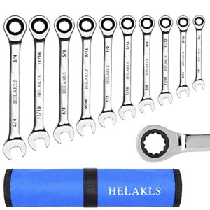 helakls 10-piece 1/4-3/4 inch ratchet wrench set chrome vanadium steel sae combination box open ended standard kit tool for mechanic with portable suspended canvas bag