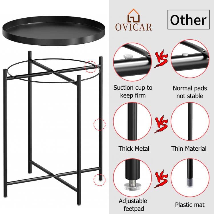 OVICAR Metal Tray End Table, Round Accent Coffee Side Table, Anti-Rust and Waterproof Outdoor Small Side Table, Indoor Modern Sofa Side Table Bedside Table for Living Room Bedroom Balcony