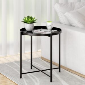OVICAR Metal Tray End Table, Round Accent Coffee Side Table, Anti-Rust and Waterproof Outdoor Small Side Table, Indoor Modern Sofa Side Table Bedside Table for Living Room Bedroom Balcony