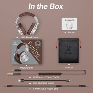 OneOdio A70 Bluetooth Over Ear Headphones, Wireless Headphones w/ 72H Playtime, Hi-Res, 3.5mm/6.35mm Wired Audio Jack for Studio Monitor & Mixing DJ E-Guitar AMP, Computer Laptop PC Tablet - Silver