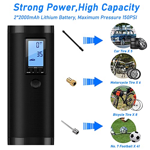 VEEAPE Air Compressor Portable Tire Inflator, 150PSI Electric Air Pump with Pressure Gauge, Heat Dissipation, Rechargeable, Power Bank, LED Light, Tire Pump for Bike Motorcycle Tires Ball(Black)