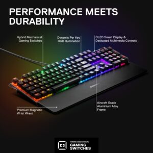 SteelSeries USB Apex 5 Hybrid Mechanical Gaming Keyboard – Per-Key RGB Illumination – Aircraft Grade Aluminum Alloy Frame – OLED Smart Display (Hybrid Blue Switch)