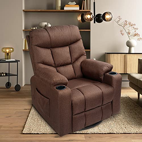Esright Coffee Fabric Massage Recliner Chair 360 Degrees Swivel Heated Ergonomic Lounge Chair