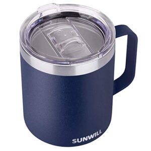 sunwill 14 oz coffee mug, vacuum insulated camping mug with lid, double wall stainless steel travel tumbler cup, coffee thermos outdoor, powder coated navy blue