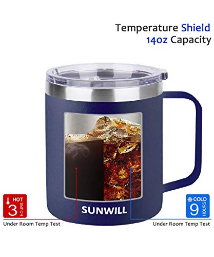 SUNWILL 14 oz Coffee Mug, Vacuum Insulated Camping Mug with Lid, Double Wall Stainless Steel Travel Tumbler Cup, Coffee Thermos Outdoor, Powder Coated Navy Blue