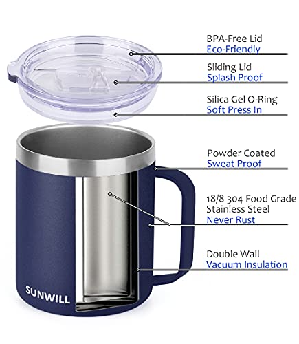 SUNWILL 14 oz Coffee Mug, Vacuum Insulated Camping Mug with Lid, Double Wall Stainless Steel Travel Tumbler Cup, Coffee Thermos Outdoor, Powder Coated Navy Blue