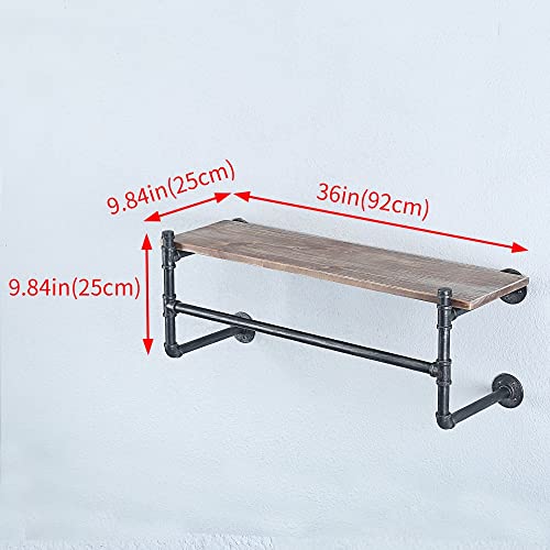 OLDRAINBOW Industrial Pipe Clothing Rack Wall Mounted with Real Wood Shelf,Pipe Shelving Floating Shelves Wall Shelf,36in Retail Clothes Racks Display Rack