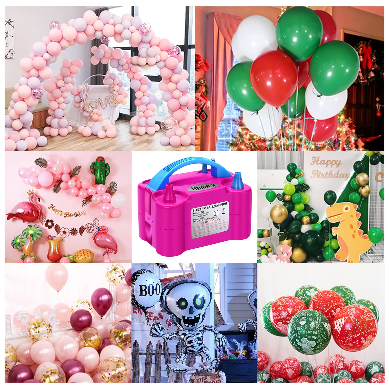 Growsun Electric Balloon Pump Garland Arch Kit with Pump 100V 600W Air Inflator w/Balloons Tape Strip for Party Decoration, Rose Red