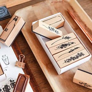 7 Pieces Vintage Wooden Rubber Stamps, Plant & Flower Decorative Mounted Rubber Stamp Set for DIY Craft, Letters Diary and Craft Scrapbooking