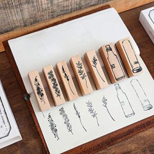 7 pieces vintage wooden rubber stamps, plant & flower decorative mounted rubber stamp set for diy craft, letters diary and craft scrapbooking