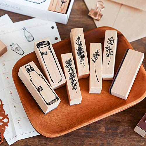 7 Pieces Vintage Wooden Rubber Stamps, Plant & Flower Decorative Mounted Rubber Stamp Set for DIY Craft, Letters Diary and Craft Scrapbooking