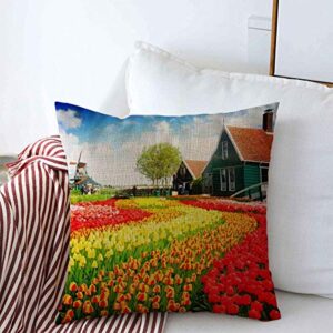 pillow case blue holland rural dutch scenery small old houses parks green netherlands village amsterdam mill farmhouse decorative throw pillowcase cover 20"x20" winter decoration