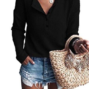 MOLERANI Womens Waffle Knit Tunic Tops Loose Long Sleeve Button Up V Neck Henley Shirts (Large, Black)