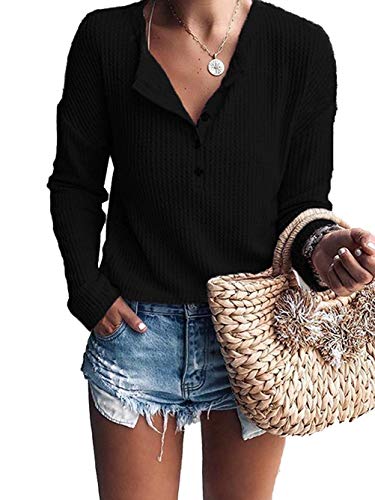 MOLERANI Womens Waffle Knit Tunic Tops Loose Long Sleeve Button Up V Neck Henley Shirts (Large, Black)