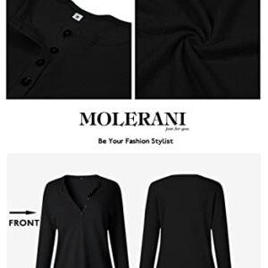 MOLERANI Womens Waffle Knit Tunic Tops Loose Long Sleeve Button Up V Neck Henley Shirts (Large, Black)