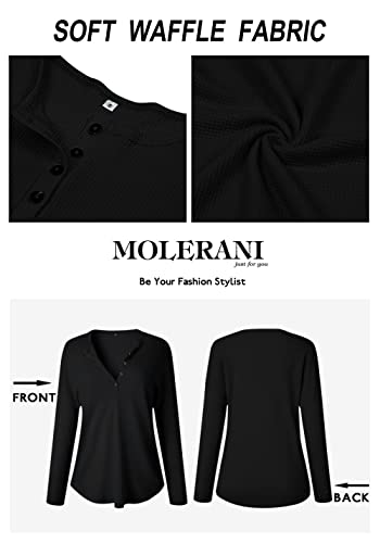 MOLERANI Womens Waffle Knit Tunic Tops Loose Long Sleeve Button Up V Neck Henley Shirts (Large, Black)