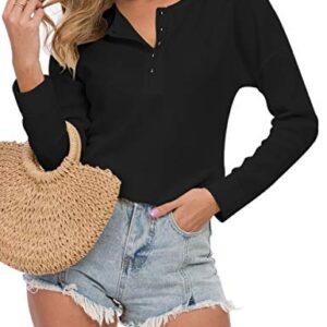 MOLERANI Womens Waffle Knit Tunic Tops Loose Long Sleeve Button Up V Neck Henley Shirts (Large, Black)