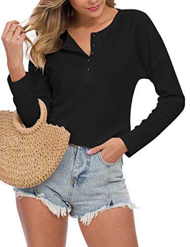 MOLERANI Womens Waffle Knit Tunic Tops Loose Long Sleeve Button Up V Neck Henley Shirts (Large, Black)