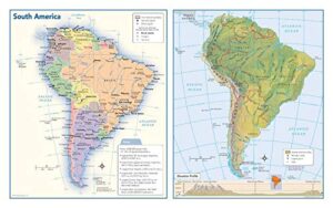 south america political & physical continent map - 17" x 10.75" paper