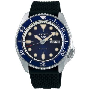 seiko srpd93 watch for men - 5 sports - automatic with manual winding movement, blue sunray dial with blue bezel, stainless steel case, black silicone strap, and day/date display