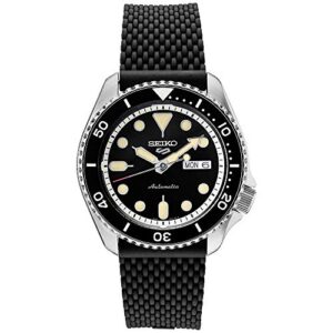 seiko srpd95 watch for men - 5 sports - automatic with manual winding movement, black sunray dial with black bezel, stainless steel case, black silicone strap, and day/date display