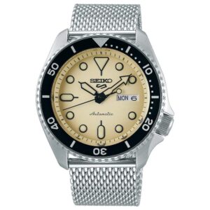 seiko srpd67 watch for men - 5 sports - automatic with manual winding movement, 41-hour power reserve, stainless steel case and mesh bracelet, 100m water-resistant, and day/date display