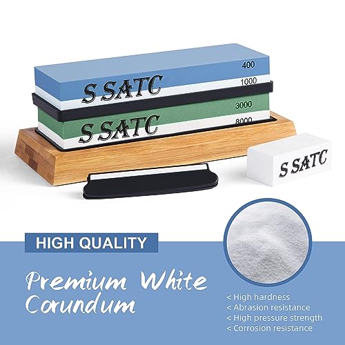 S SATC Knife Sharpening Stone Whetstone 4 Side Grit 400/1000 3000/8000 Stone Knife Sharpeners with Nonslip Rubber Bases, Bamboo Base, Flattening Stone, and Leather Strop