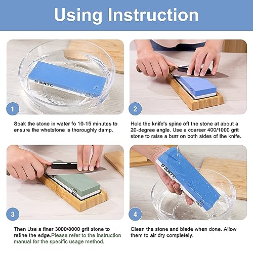 S SATC Knife Sharpening Stone Whetstone 4 Side Grit 400/1000 3000/8000 Stone Knife Sharpeners with Nonslip Rubber Bases, Bamboo Base, Flattening Stone, and Leather Strop