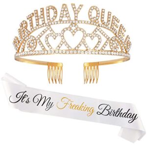 zipoka freaking birthday queen birthday sash for women - premium gold rhinestone birthday tiara crown & earring kit - funny birthday crowns for women - girls happy birthday sash and tiara for women