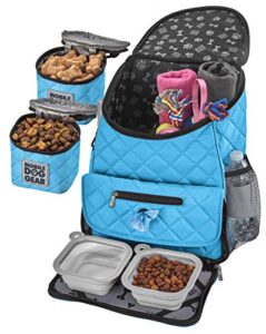 mobile dog gear, dog travel bag, deluxe quilted weekender backpack, includes lined food carriers and 2 collapsible dog bowl, light blue