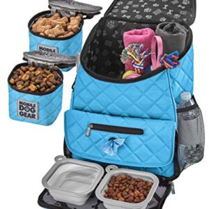 Mobile Dog Gear, Dog Travel Bag, Deluxe Quilted Weekender Backpack, Includes Lined Food Carriers and 2 Collapsible Dog Bowl, Light Blue