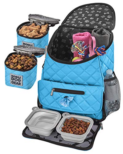 Mobile Dog Gear, Dog Travel Bag, Deluxe Quilted Weekender Backpack, Includes Lined Food Carriers and 2 Collapsible Dog Bowl, Light Blue