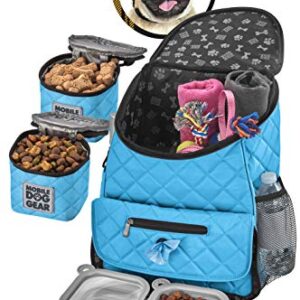 Mobile Dog Gear, Dog Travel Bag, Deluxe Quilted Weekender Backpack, Includes Lined Food Carriers and 2 Collapsible Dog Bowl, Light Blue