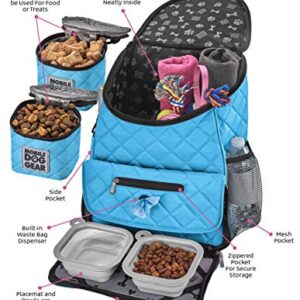 Mobile Dog Gear, Dog Travel Bag, Deluxe Quilted Weekender Backpack, Includes Lined Food Carriers and 2 Collapsible Dog Bowl, Light Blue