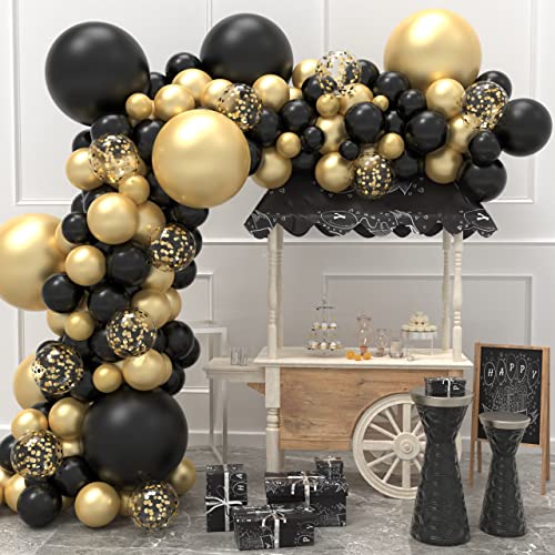 JOYYPOP Black and Gold Balloon Garland Arch Kit with 5 inch+10 inch+12 inch+18 inch Metallic Gold and Black Latex Confetti Balloons for Graduation Party New Year Anniversary Birthday