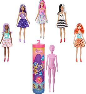 barbie color reveal doll with 7 surprises: water reveals doll’s look & creates color change on face & sculpted hair; 4 mystery bags contain surprise wig, skirt, shoes & sponge; animal-themed