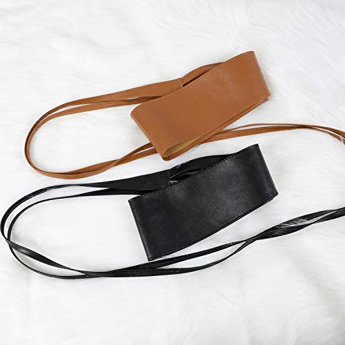 WHIPPY Women Obi Style Waist Belt Soft Faux Leather Wide Wrap Around Bowknot Ladies Waistband Belts 2 Packs (Black+Brown, Fit Waist 26-31 Inches)