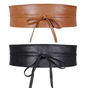 whippy women obi style waist belt soft faux leather wide wrap around bowknot ladies waistband belts 2 packs (black+brown, fit waist 26-31 inches)