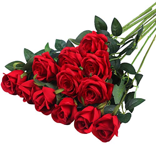 Hawesome 12PCS Artificial Silk Flowers Realistic Roses Bouquet Long Stem for Home Wedding Decoration Party (A-Red)