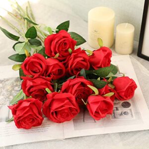 Hawesome 12PCS Artificial Silk Flowers Realistic Roses Bouquet Long Stem for Home Wedding Decoration Party (A-Red)