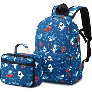 CAMTOP Backpack for Kids, Boys Preschool Backpack with Lunch Box Toddler Kindergarten Shark School Bookbag Set (Y028-2 Shark-Navy Blue)