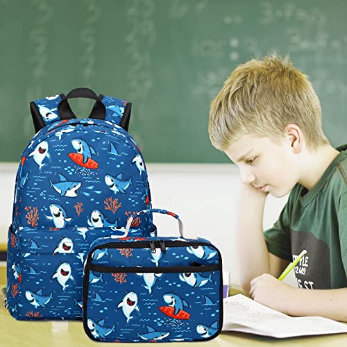 CAMTOP Backpack for Kids, Boys Preschool Backpack with Lunch Box Toddler Kindergarten Shark School Bookbag Set (Y028-2 Shark-Navy Blue)