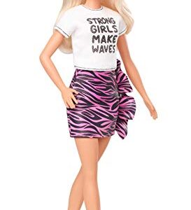 Barbie Fashionistas Doll #148 with Long White Blonde Hair Wearing Graphic T-Shirt, Pink Animal-Print Skirt, Translucent Black Shoes & Sunglasses, Toy for Kids 3 to 8 Years Old