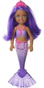 barbie dreamtopia chelsea mermaid doll with purple hair & tail, tiara accessory, small doll bends at waist