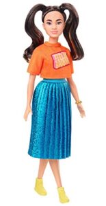 barbie fashionistas doll #145 with long brunette pigtails wearing orange t-shirt, shimmery blue skirt, yellow kicks & bracelet, toy for kids 3 to 8 years old