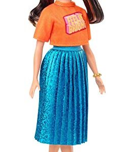 Barbie Fashionistas Doll #145 with Long Brunette Pigtails Wearing Orange T-Shirt, Shimmery Blue Skirt, Yellow Kicks & Bracelet, Toy for Kids 3 to 8 Years Old