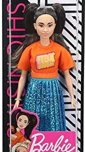 Barbie Fashionistas Doll #145 with Long Brunette Pigtails Wearing Orange T-Shirt, Shimmery Blue Skirt, Yellow Kicks & Bracelet, Toy for Kids 3 to 8 Years Old