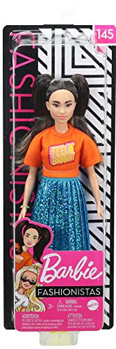 Barbie Fashionistas Doll #145 with Long Brunette Pigtails Wearing Orange T-Shirt, Shimmery Blue Skirt, Yellow Kicks & Bracelet, Toy for Kids 3 to 8 Years Old