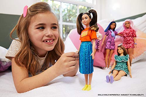 Barbie Fashionistas Doll #145 with Long Brunette Pigtails Wearing Orange T-Shirt, Shimmery Blue Skirt, Yellow Kicks & Bracelet, Toy for Kids 3 to 8 Years Old