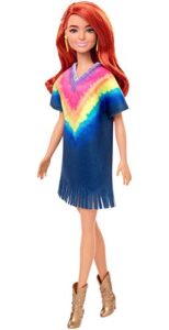 barbie fashionistas doll #141 with long red hair wearing tie-dye fringe dress, golden boots & earrings, toy for kids 3 to 8 years old